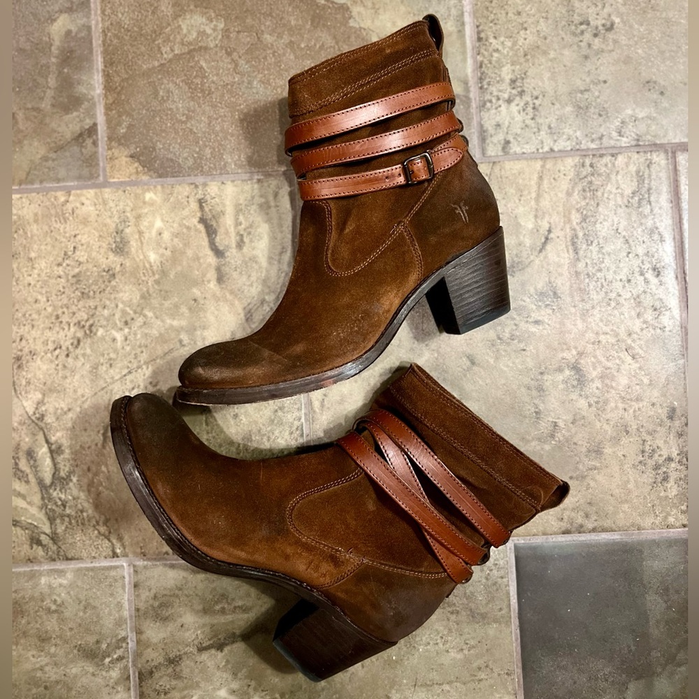 FRYE Jane Brown Suede Ankle Boots with Straps